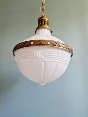 Large Art Deco Pendant Light in Milky White Glass and Openwork Brass, 1920s-FAX-2041811