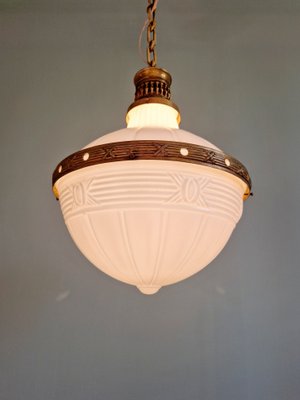 Large Art Deco Pendant Light in Milky White Glass and Openwork Brass, 1920s-FAX-2041811