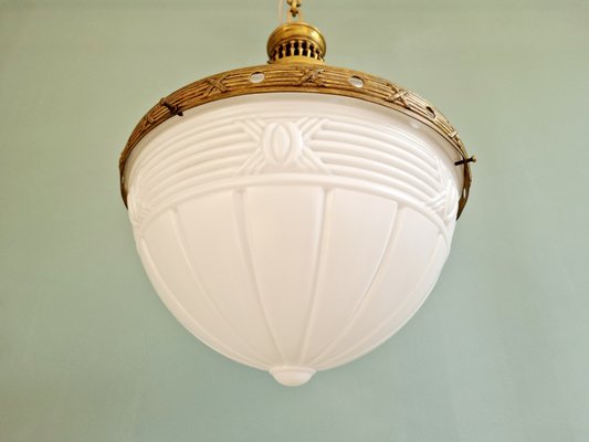 Large Art Deco Pendant Light in Milky White Glass and Openwork Brass, 1920s-FAX-2041811