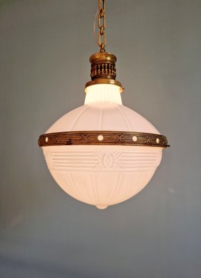 Large Art Deco Pendant Light in Milky White Glass and Openwork Brass, 1920s-FAX-2041811