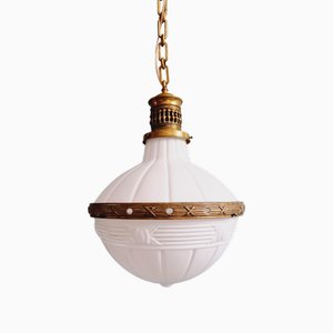 Large Art Deco Pendant Light in Milky White Glass and Openwork Brass, 1920s-FAX-2041811