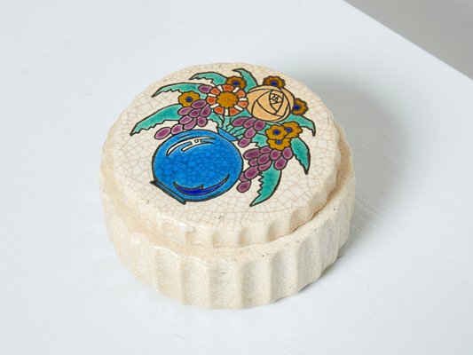 Large Art Deco Round Flowers Cream Box from Emaux De Longwy, 1930s-YJA-1396837