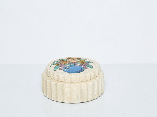 Large Art Deco Round Flowers Cream Box from Emaux De Longwy, 1930s-YJA-1396837