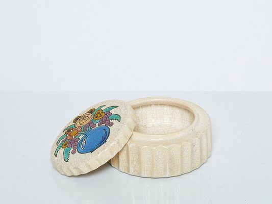 Large Art Deco Round Flowers Cream Box from Emaux De Longwy, 1930s-YJA-1396837