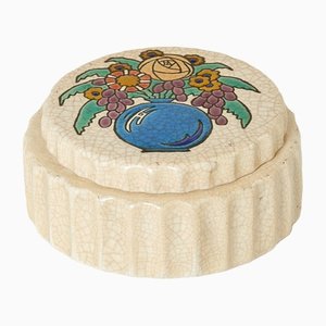 Large Art Deco Round Flowers Cream Box from Emaux De Longwy, 1930s-YJA-1396837