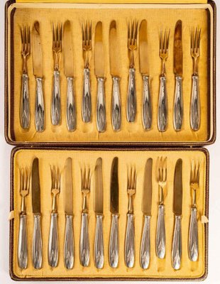 Large Art Deco Silver and Gilded Metal Fruit Cutlery from Maison Moreau Set of 12-WFS-1291388