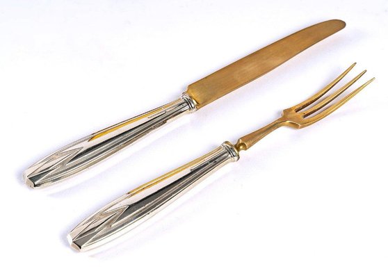 Large Art Deco Silver and Gilded Metal Fruit Cutlery from Maison Moreau Set of 12-WFS-1291388