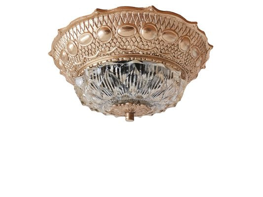 Large Art Nouveau Gold Brass and Glass Flush Mount Ceiling Lamp, 1930s-SCS-1220346