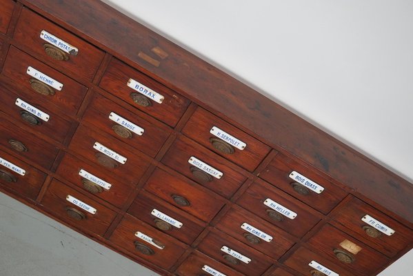 Large Belgian Pitch Pine Apothecary Cabinet with Enamel Shields, 1900s-XO-1743204