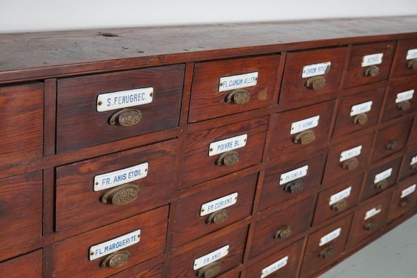 Large Belgian Pitch Pine Apothecary Cabinet with Enamel Shields, 1900s-XO-1743204