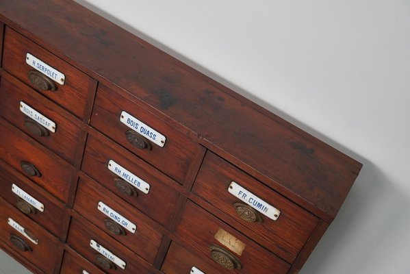 Large Belgian Pitch Pine Apothecary Cabinet with Enamel Shields, 1900s-XO-1743204