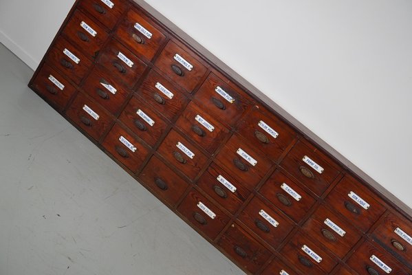 Large Belgian Pitch Pine Apothecary Cabinet with Enamel Shields, 1900s-XO-1743206