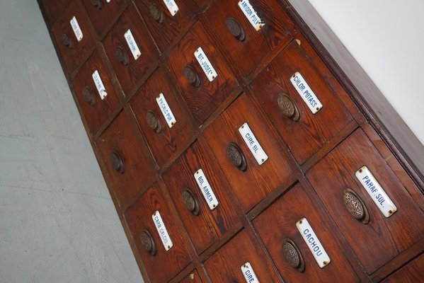 Large Belgian Pitch Pine Apothecary Cabinet with Enamel Shields, 1900s-XO-1743206