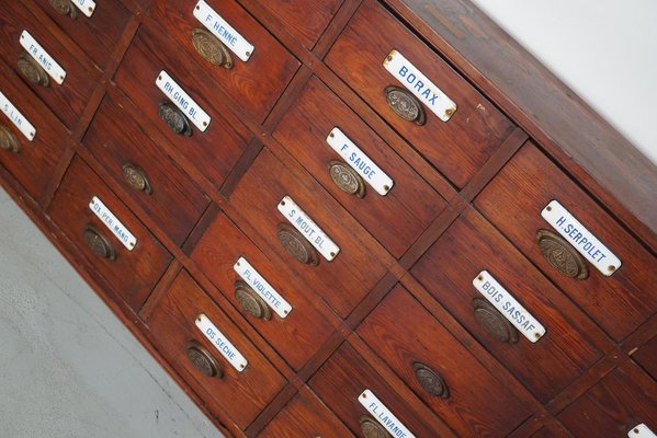 Large Belgian Pitch Pine Apothecary Cabinet with Enamel Shields, 1900s-XO-1743204