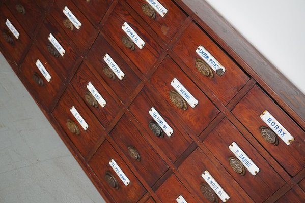 Large Belgian Pitch Pine Apothecary Cabinet with Enamel Shields, 1900s-XO-1743204