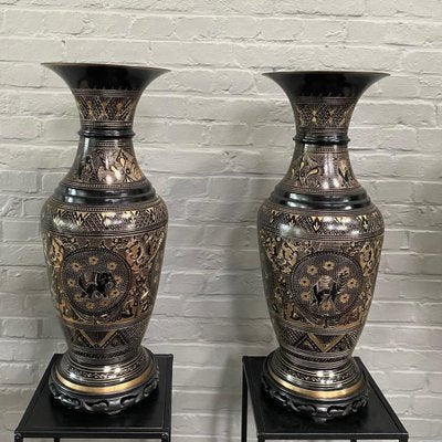 Large Black and Gold Etched Brass Vases, Set of 2-OLQ-1767316