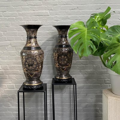 Large Black and Gold Etched Brass Vases, Set of 2-OLQ-1767316