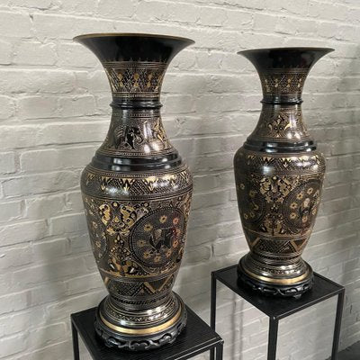 Large Black and Gold Etched Brass Vases, Set of 2-OLQ-1767316