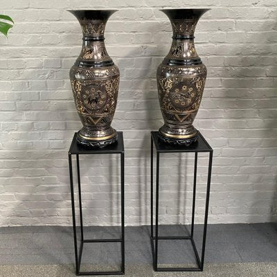 Large Black and Gold Etched Brass Vases, Set of 2-OLQ-1767316