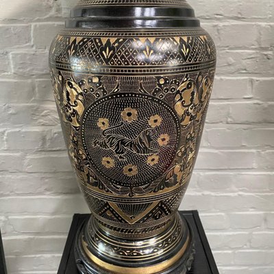 Large Black and Gold Etched Brass Vases, Set of 2-OLQ-1767316