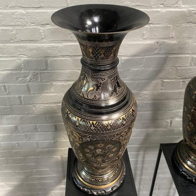 Large Black and Gold Etched Brass Vases, Set of 2-OLQ-1767316