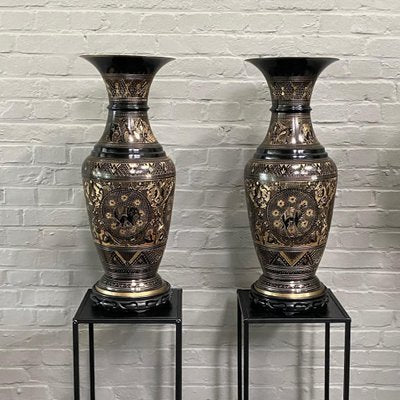 Large Black and Gold Etched Brass Vases, Set of 2-OLQ-1767316