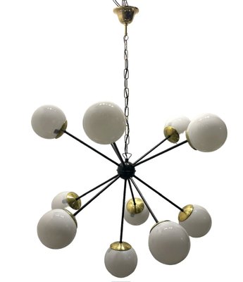 Large Black Metal, Brass & Opaline Glass Sputnik Chandelier, 1990s-JJC-1784099