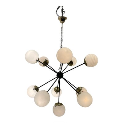 Large Black Metal, Brass & Opaline Glass Sputnik Chandelier, 1990s-JJC-1784099