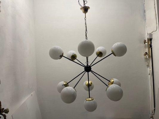 Large Black Metal, Brass & Opaline Glass Sputnik Chandelier, 1990s-JJC-1784099