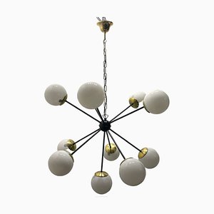 Large Black Metal, Brass & Opaline Glass Sputnik Chandelier, 1990s-JJC-1784099