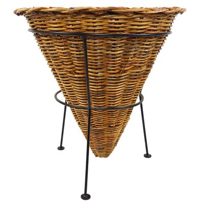 Large Black Metal Frame & Wicker Baskets, 1950s, Set of 3-RY-1171922