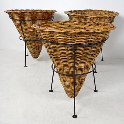 Large Black Metal Frame & Wicker Baskets, 1950s, Set of 3-RY-1171922