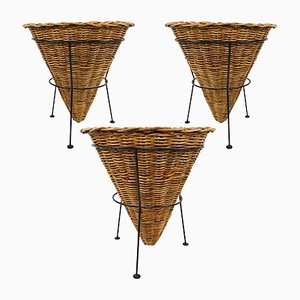 Large Black Metal Frame & Wicker Baskets, 1950s, Set of 3-RY-1171922