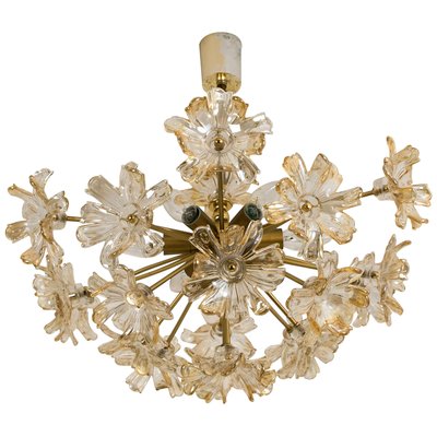 Large Brass and Glass Murano Flower Chandelier, Italy, 1970-VDW-826916