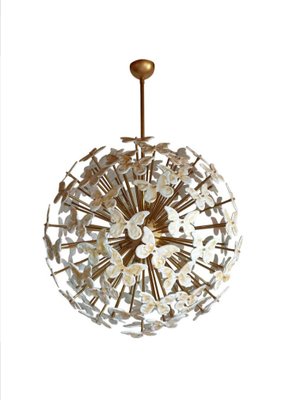 Large Brass Ceiling Lamp with White & Gold Murano Glass Butterflies from Made Murano Glass-OHK-870486