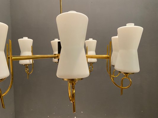 Large Brass Chandelier with Opaline Glass Shades from Stilnovo, 1950s-JJC-743325