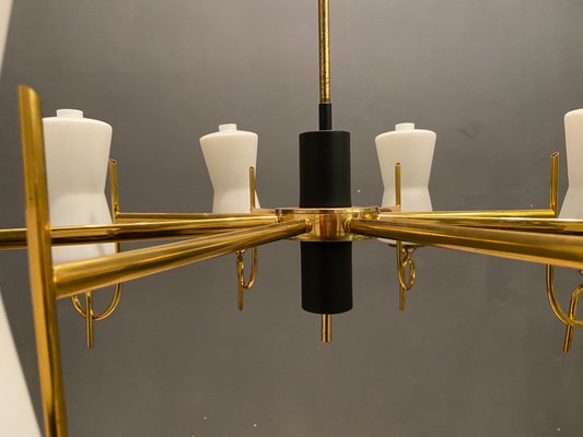 Large Brass Chandelier with Opaline Glass Shades from Stilnovo, 1950s-JJC-743325