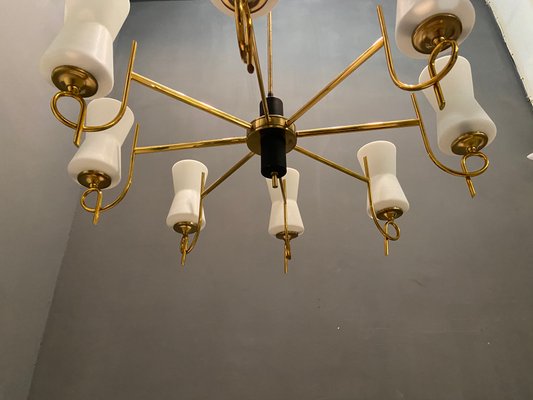 Large Brass Chandelier with Opaline Glass Shades from Stilnovo, 1950s-JJC-743325