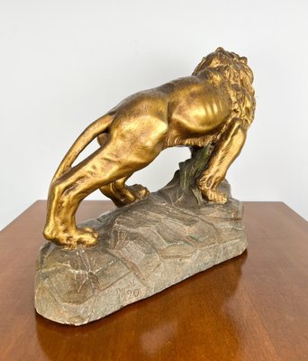 Large Brass-Colored Lion Statue, Early 1900s-ORQ-1792953