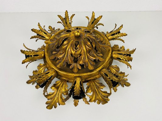 Large Brass Florentine Flower Shape Flush Mount from Banci, 1950s-PUK-829092