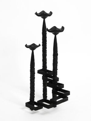 Large Brutalist Floor or Table Wrought Iron Candle Holder-RR-992932