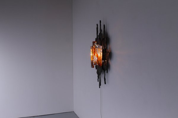 Large Brutalist Metal and Glass Sconce attributed to Tom Ahlstrom and Hans Ehrich, 1970s-XT-1378378