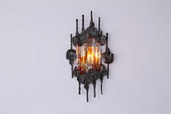 Large Brutalist Metal and Glass Sconce attributed to Tom Ahlstrom and Hans Ehrich, 1970s-XT-1378378