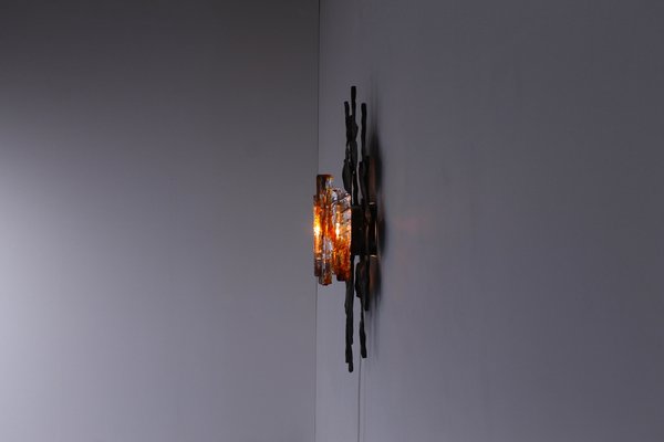 Large Brutalist Metal and Glass Sconce attributed to Tom Ahlstrom and Hans Ehrich, 1970s-XT-1378378