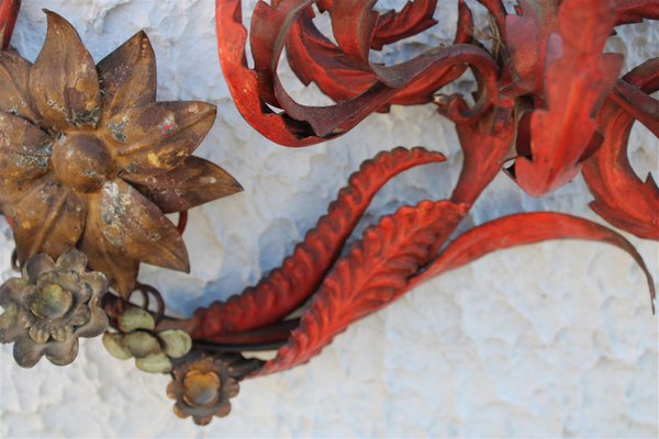 Large Candle Sconce in Hand Forged Metal and Red Lacquer, Italy, 1930s-EH-1150946