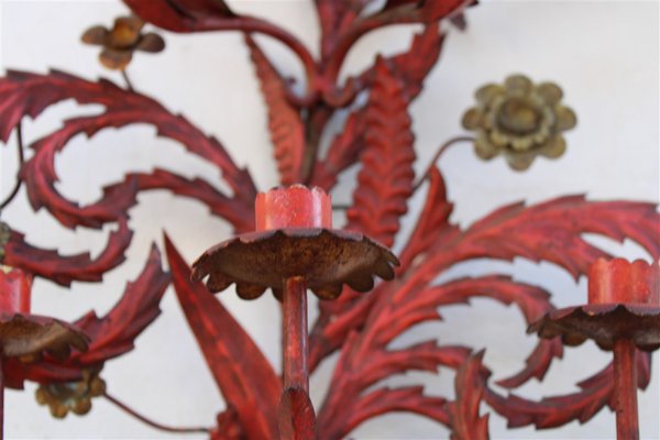 Large Candle Sconce in Hand Forged Metal and Red Lacquer, Italy, 1930s-EH-1150946