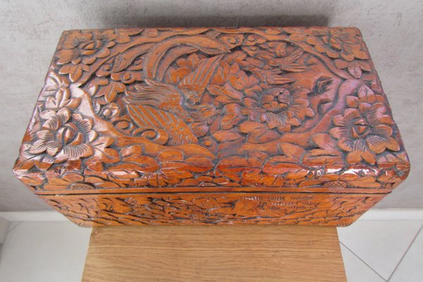 Large Carved Wooden Box with Floral and Bird Decor, 1930s-RDN-2028280