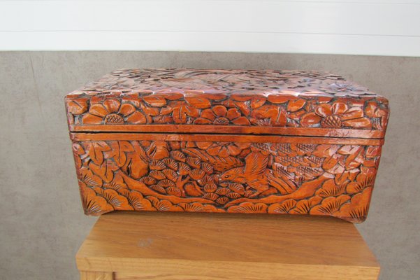 Large Carved Wooden Box with Floral and Bird Decor, 1930s-RDN-2028280