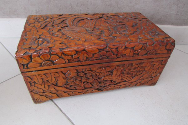 Large Carved Wooden Box with Floral and Bird Decor, 1930s-RDN-2028280