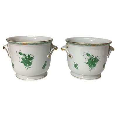 Large Chinese Bouquet Apponyi Green Porcelain Cache Pots from Herend Hungary, Set of 2-UCH-1224513